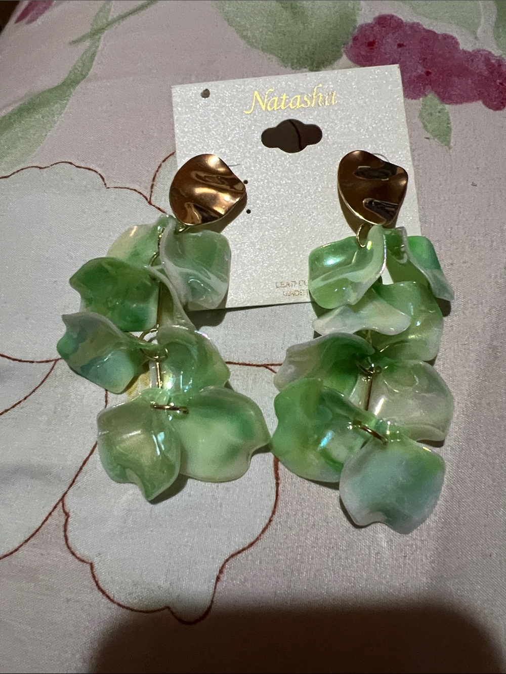Natasha Couture Green Floral Layered Drop Earrings with Gold Accents